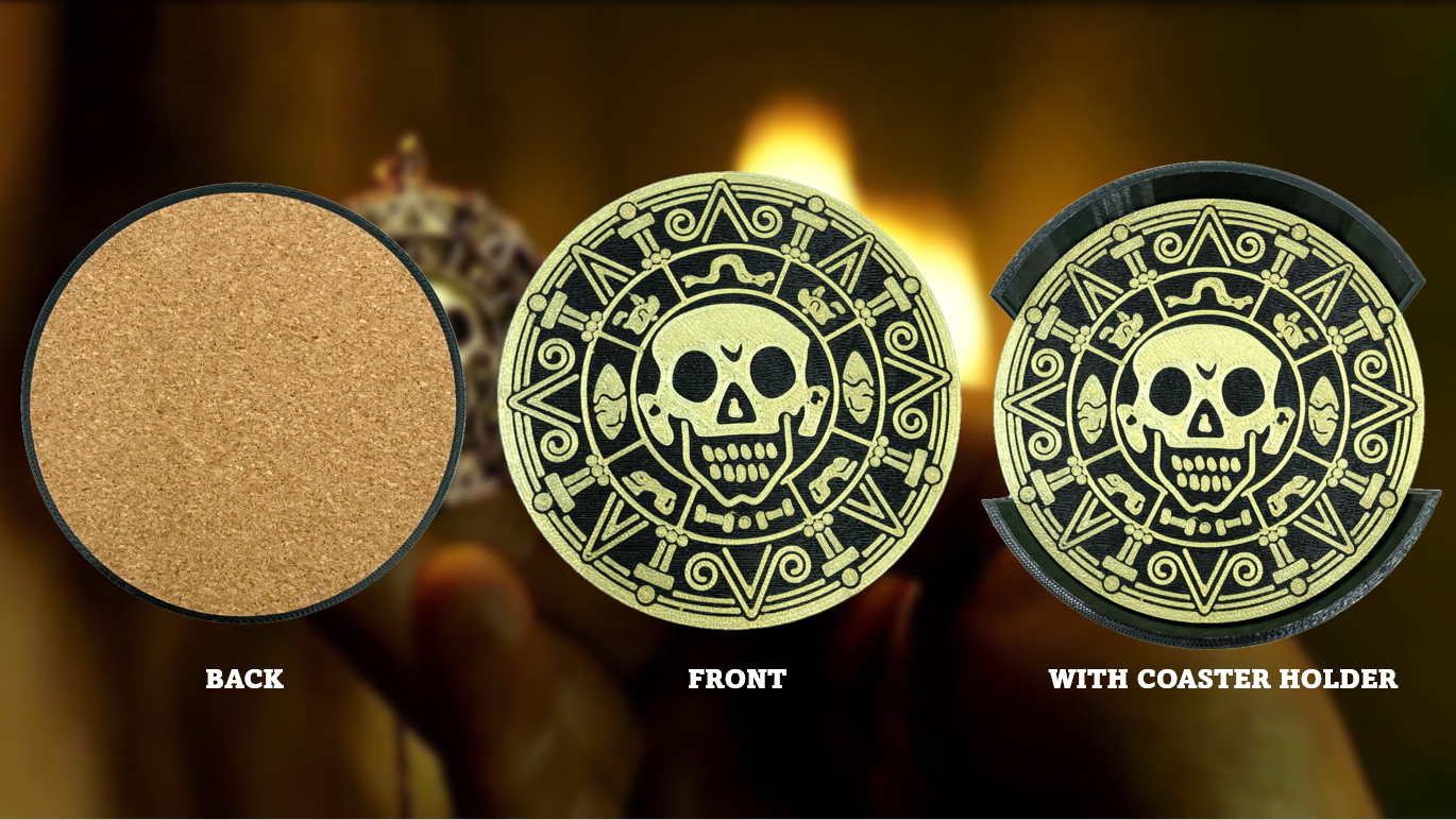 Pirates of the Caribbean Aztec Coin Gold Coasters with Holder 4 Pack 3D Printed