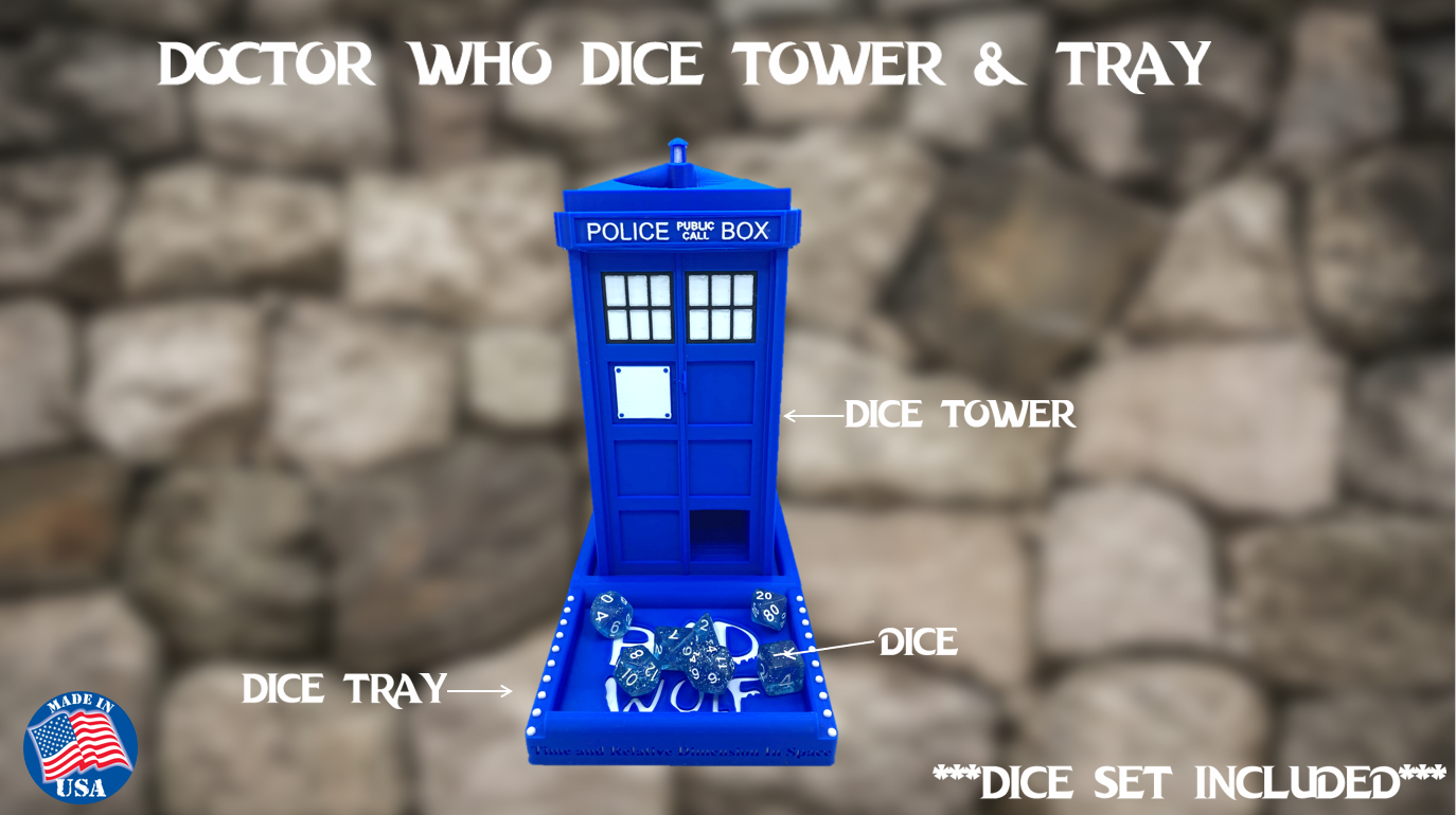 Doctor Who Dungeons & Dragons Tardis Dice Tower with Tray and Dice Set + Case