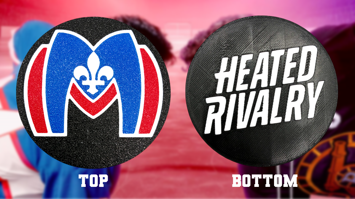 Heated Rivalry Hockey Puck Display with Stand – All 3 Teams Included