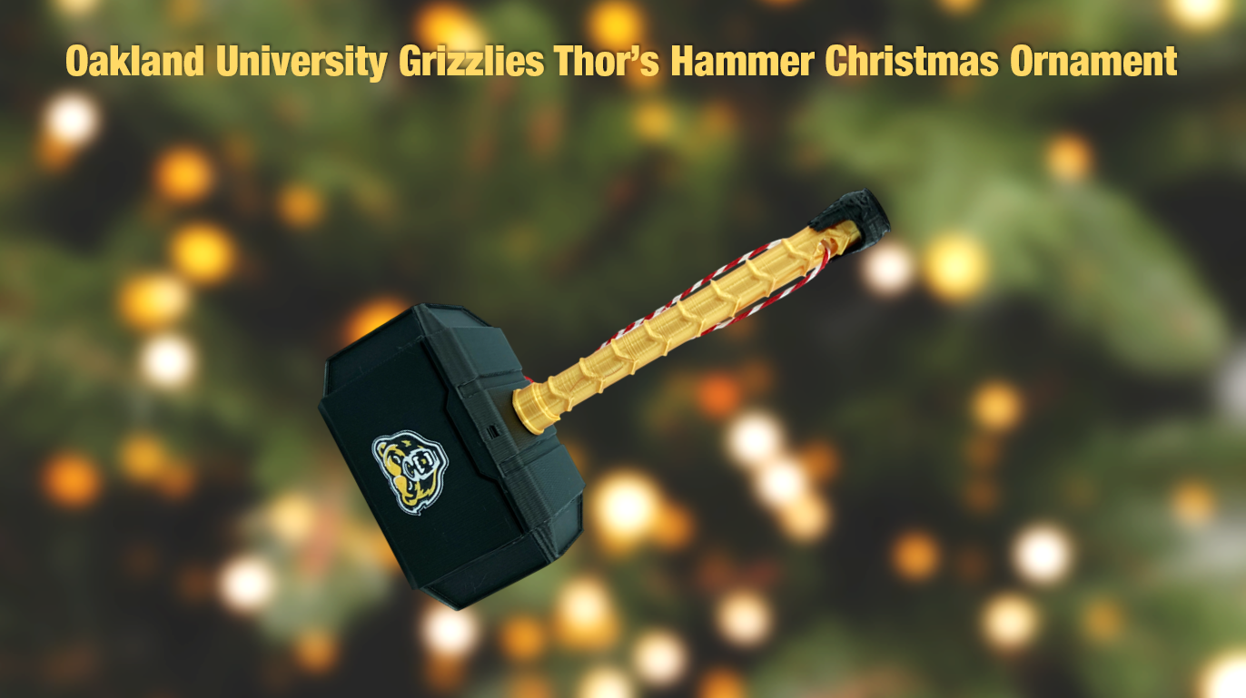 Oakland University Grizzlies Thor's Hammer Christmas Ornament 3D Printed