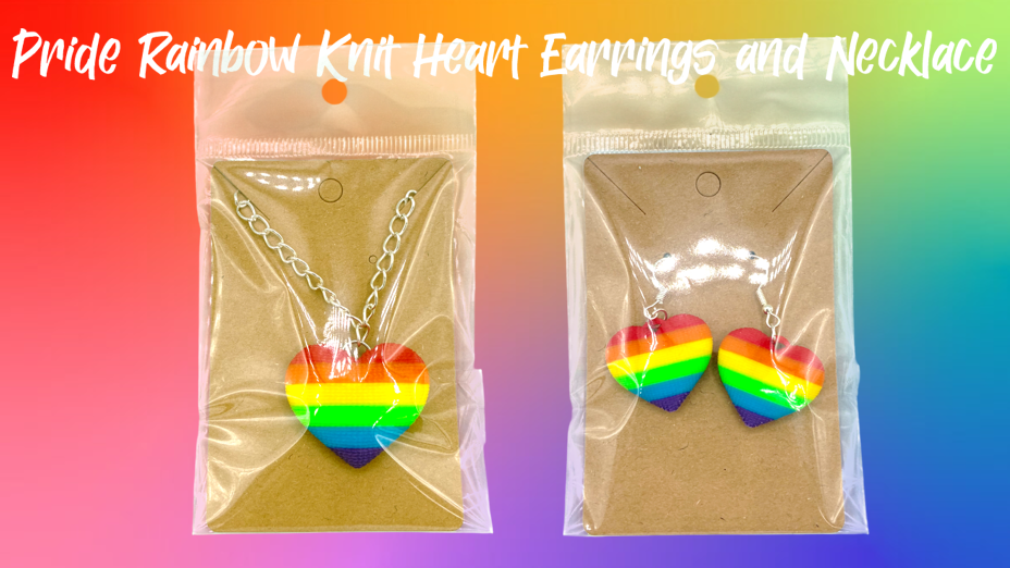 Pride Rainbow Knit Heart Dangle Drop Earrings & Necklace 3D Printed