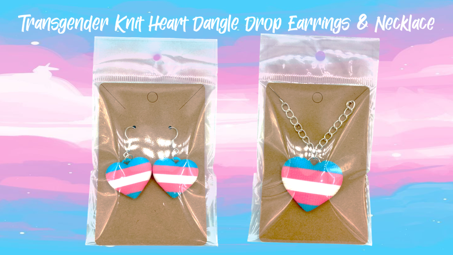 Transgender Pride Flag Knit Heart Dangle Drop Earrings & Necklace
