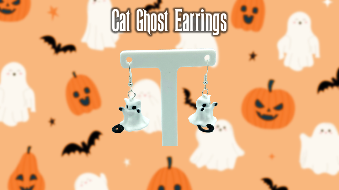 Cat Ghost Halloween Dangle Drop Earrings 3D Printed