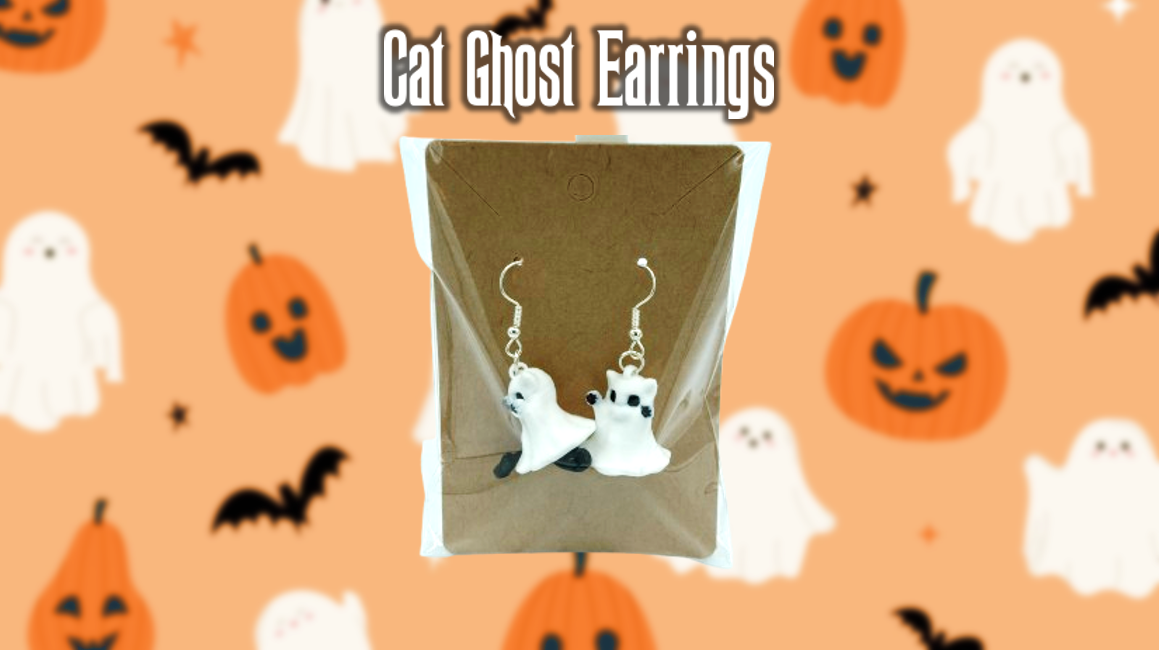 Cat Ghost Halloween Dangle Drop Earrings 3D Printed