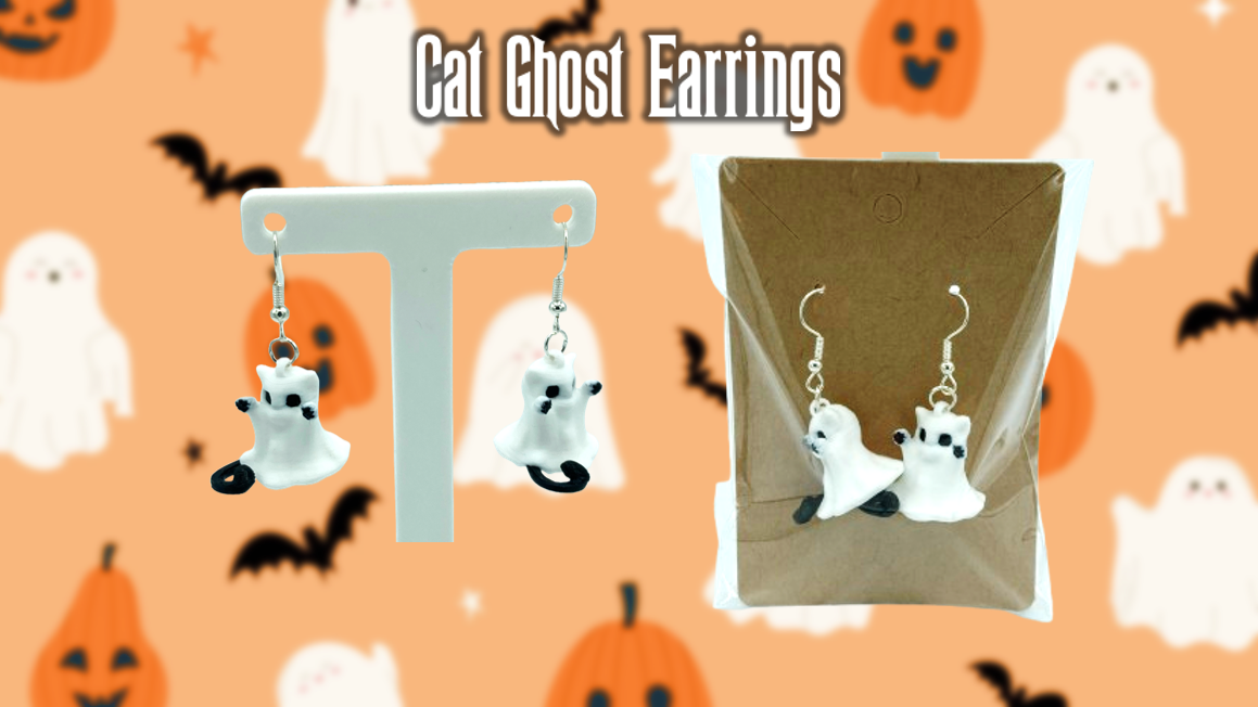 Cat Ghost Halloween Dangle Drop Earrings 3D Printed