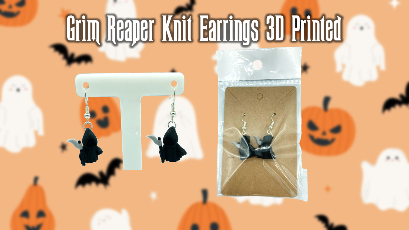 Knit Grim Reaper Halloween Themed Dangle Drop Earrings 3D Printed