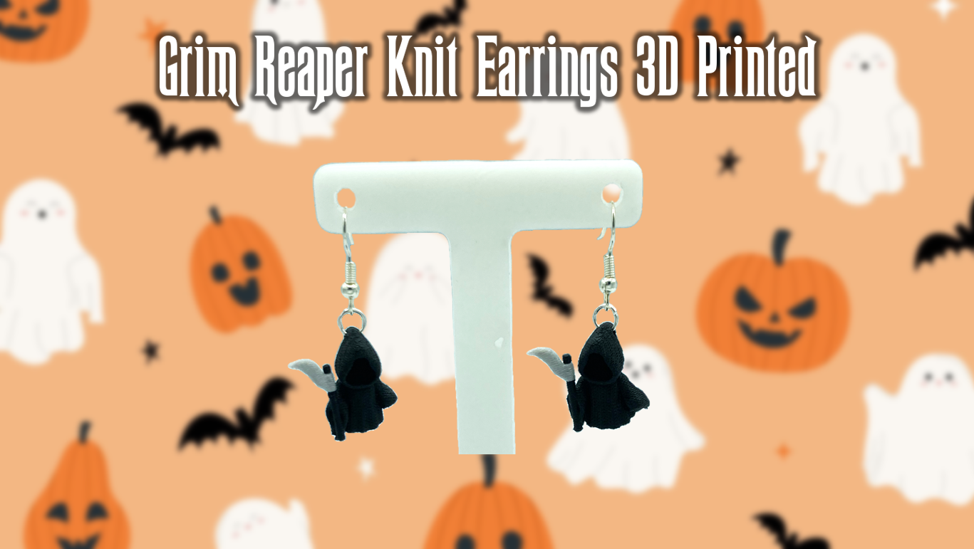 Knit Grim Reaper Halloween Themed Dangle Drop Earrings 3D Printed