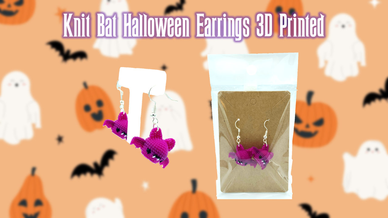Knit Bat Halloween Themed Dangle Drop Earrings 3D Printed
