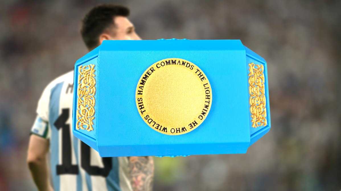 Lionel Messi “Mjölnir” Thor Style Hammer – Argentina Football Themed w/ Stand
