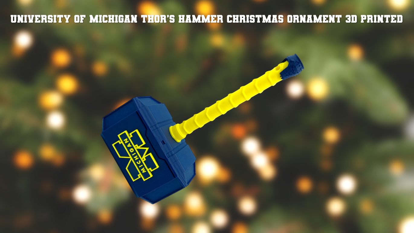 University of Michigan Wolverines Thor's Hammer Christmas Ornament 3D Printed