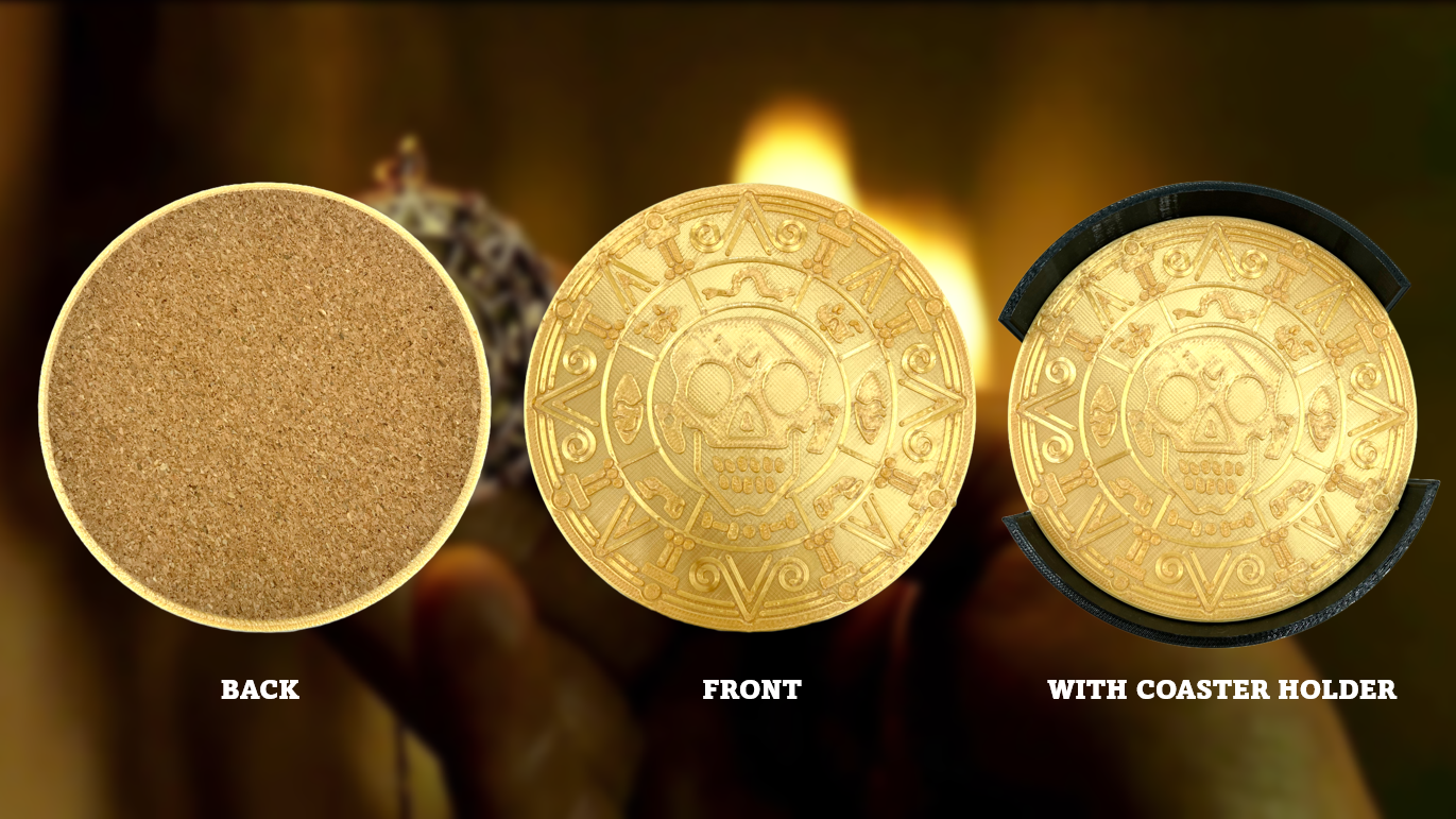 Pirates of the Caribbean Aztec Coin Gold Coasters with Holder 4 Pack 3D Printed