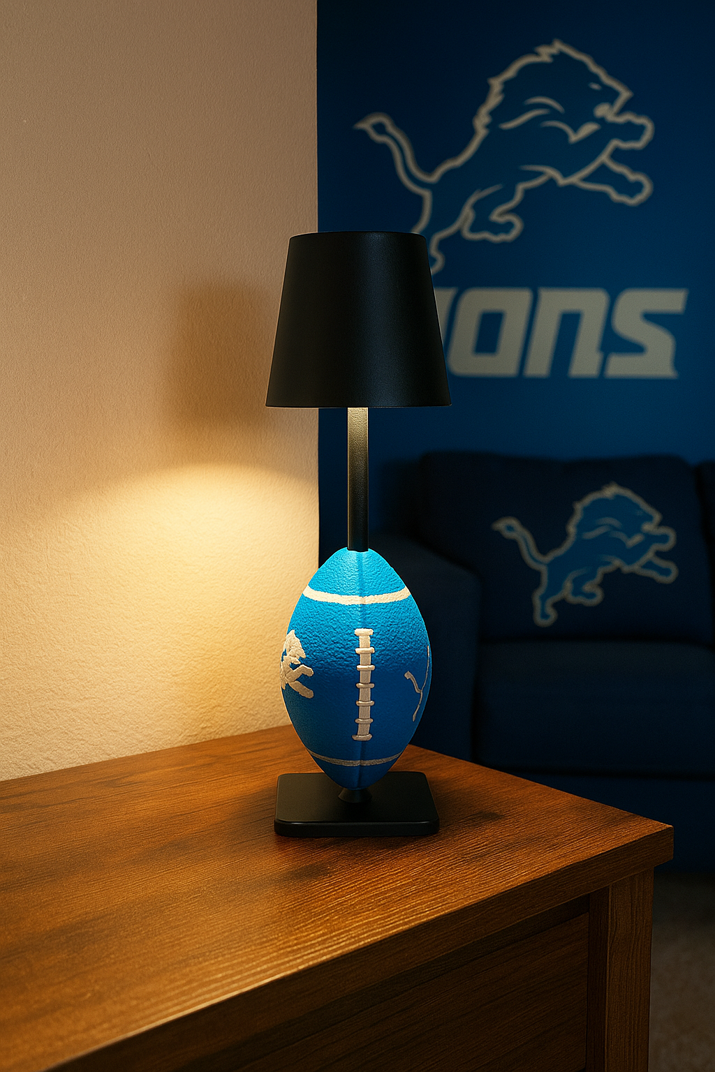 Detroit Lions Football Lamp – Rechargeable LED Light, Blue/Silver, Fuzzy Texture