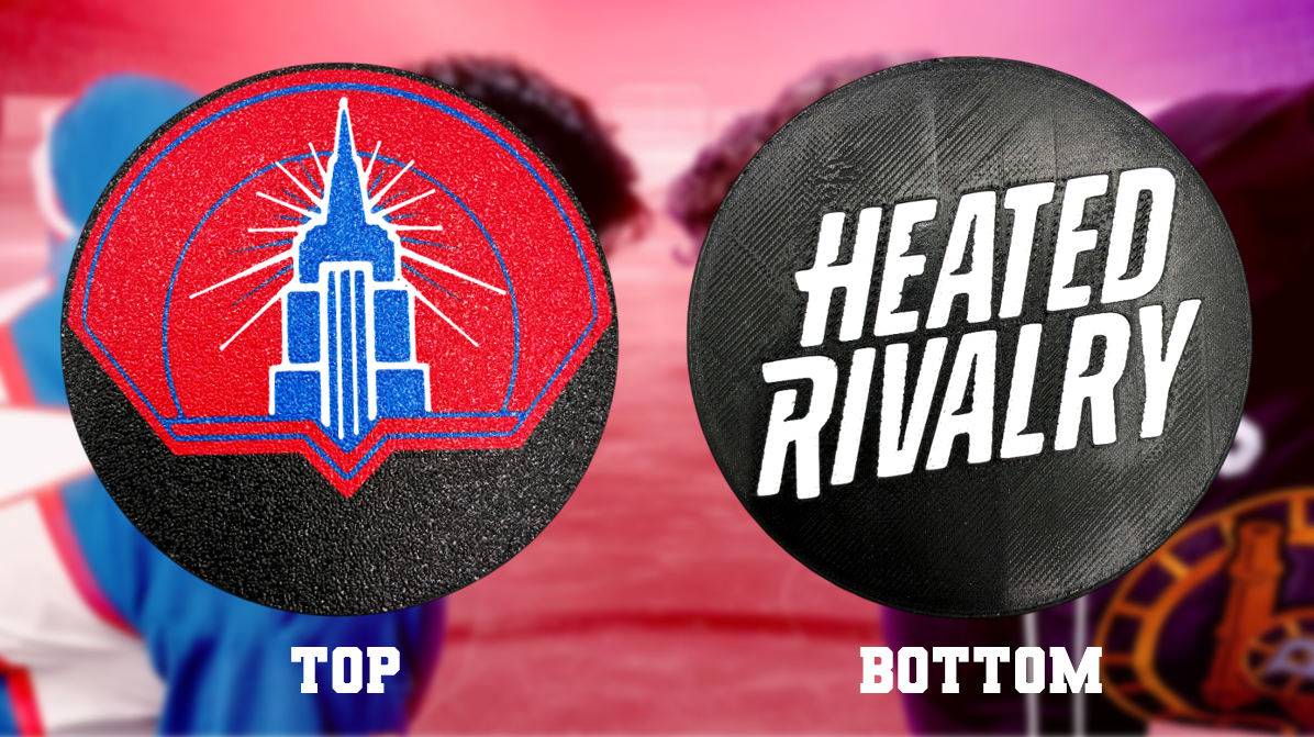 Heated Rivalry Hockey Puck Display with Stand – All 3 Teams Included
