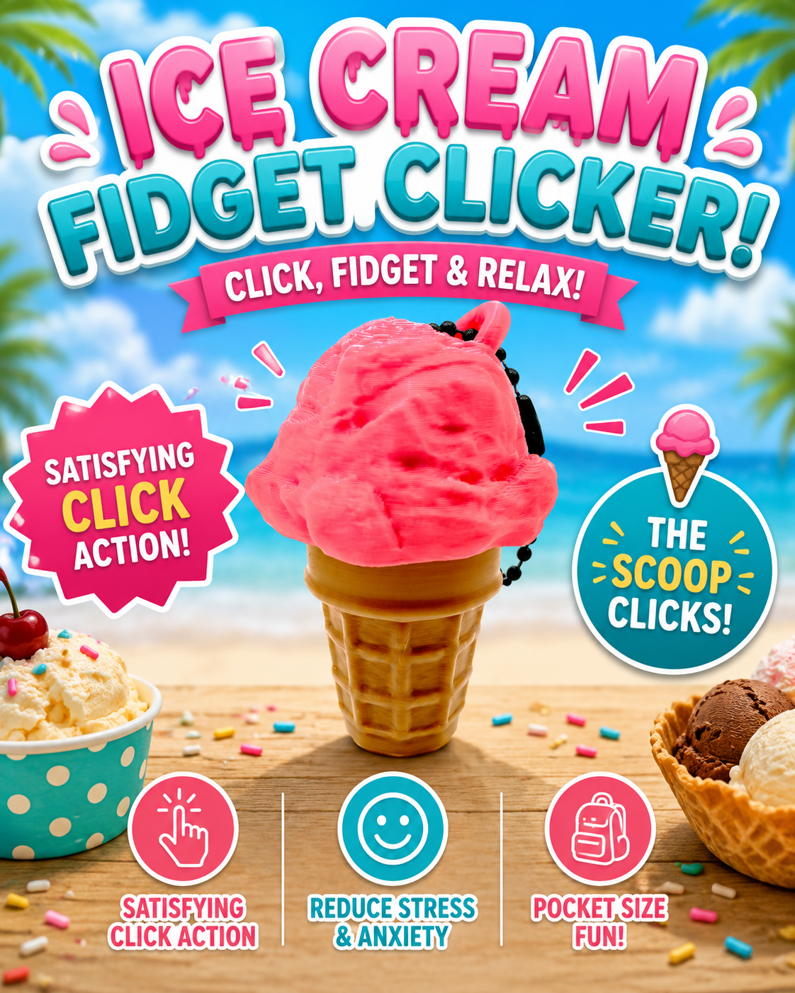 Ice Cream Fidget Clicker Keychain